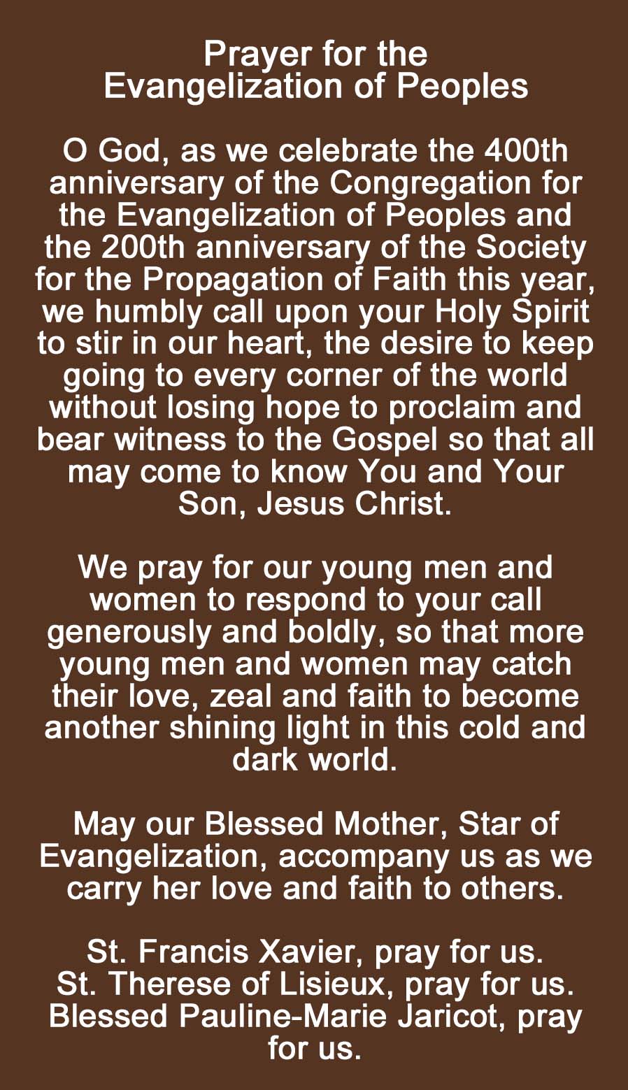 CEP Prayer Card back